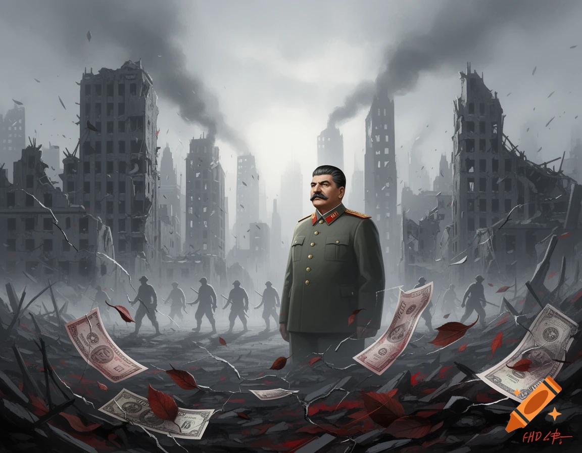 Digital painting of a stern Stalin standing amidst a war-torn city with destroyed buildings, smoky skies, silhouetted soldiers, and floating dollar bills and red leaves.