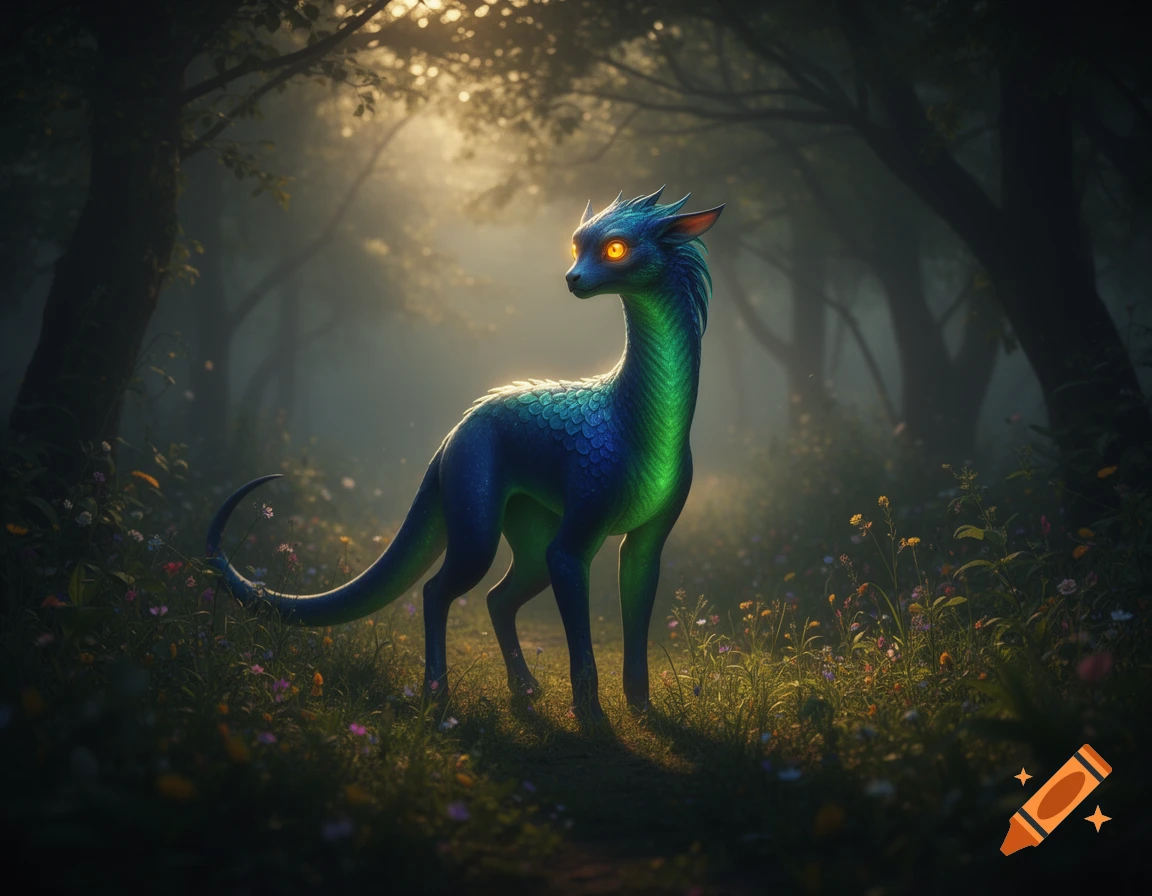 A luminous, scaly blue and green creature with glowing orange eyes stands in a magical, misty forest among wildflowers.