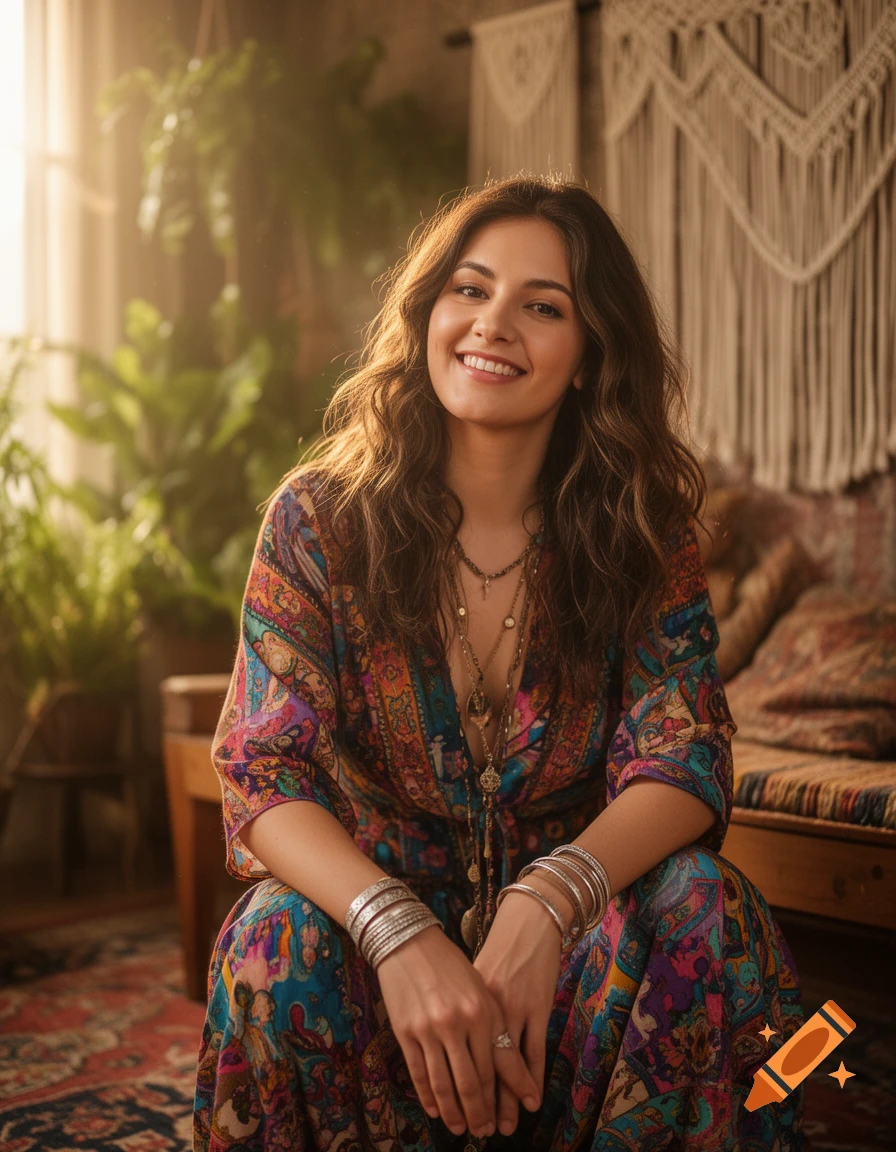 A smiling woman in a colorful patterned bohemian dress and silver bangles, sitting in a sunlit room. Photorealistic style.