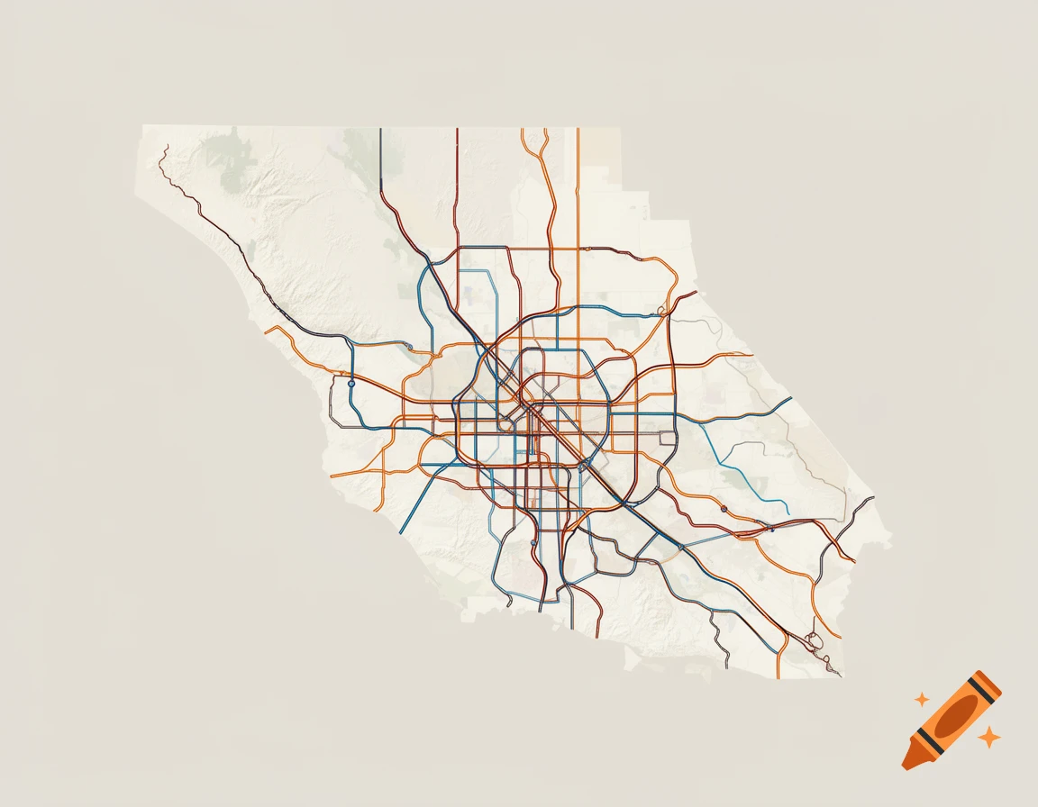 A minimalist, stylized map of Los Angeles county freeways in multiple colors on a light background.