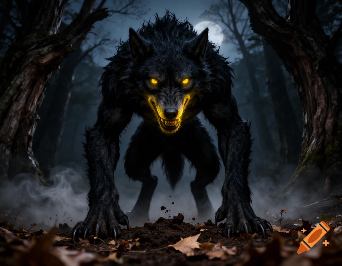 A menacing black werewolf with glowing yellow eyes and bared teeth, standing in a foggy, dark forest under a full moon.