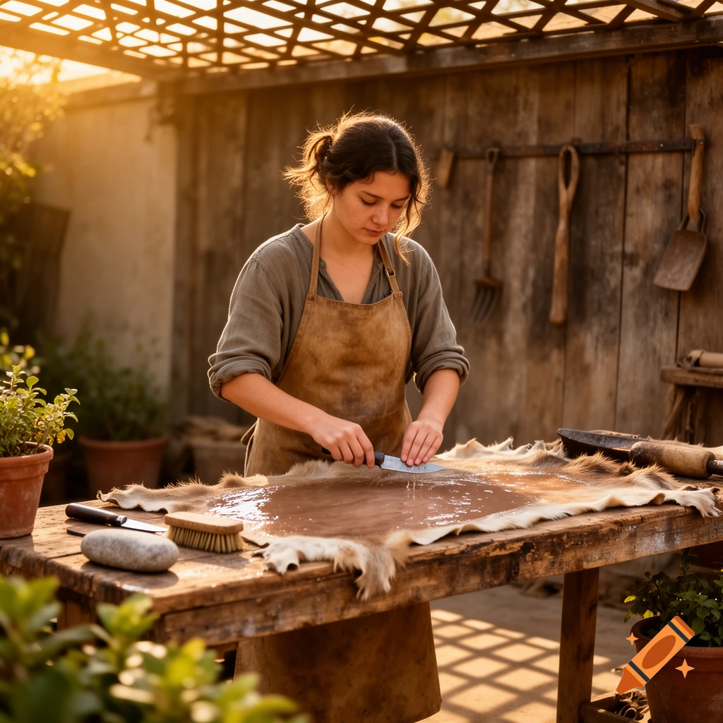 A woman in a brown apron scrapes an animal hide on a wooden table in a sunny outdoor workshop, with tools nearby, photorealistic.