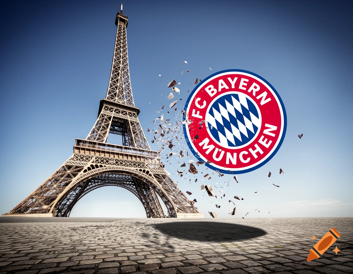 The Eiffel Tower stands on a cobblestone ground as the FC Bayern München logo shatters into pieces in the sky.