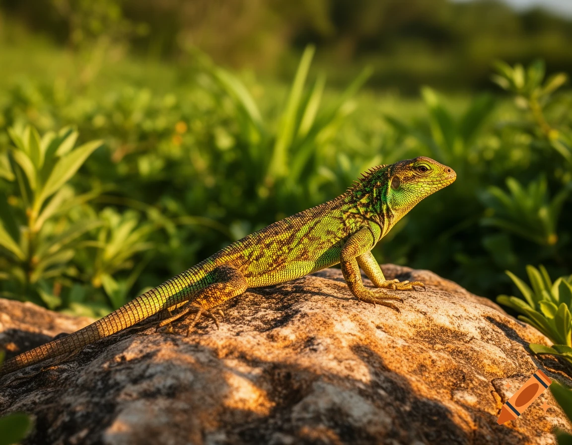A vibrant green and brown lizard with textured scales rests on a sunlit rock surrounded by lush green foliage.