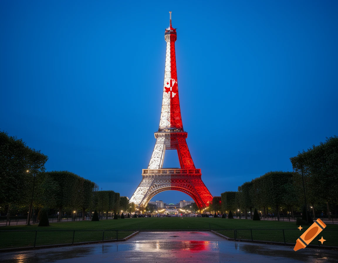 The Eiffel Tower at dusk, illuminated in the red and white colors and symbols of the Georgian flag, with a park in the foreground.