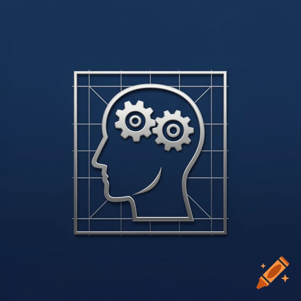 A silver icon of a human head profile with two gears inside, framed by a grid on a dark blue background.