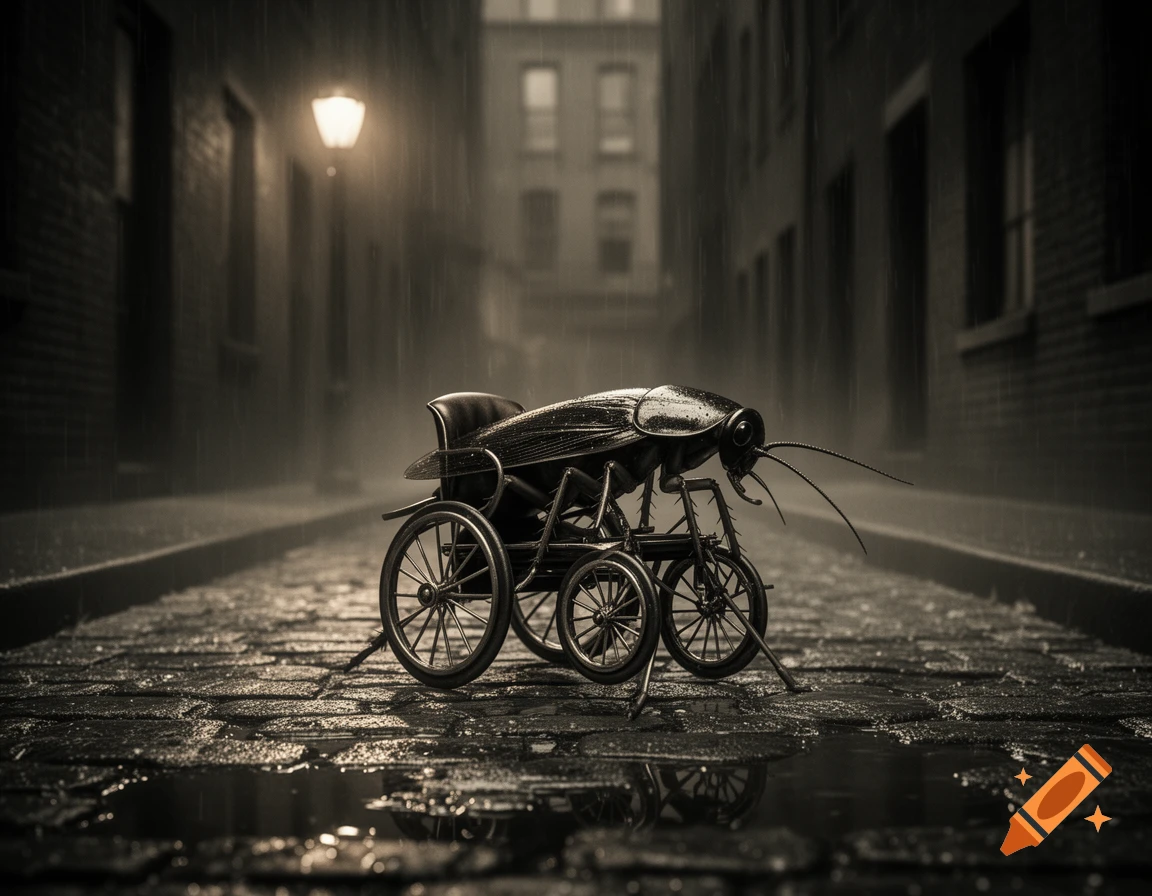 A large cockroach in a wheelchair on a wet cobblestone street in a dark, rainy, noir alley.