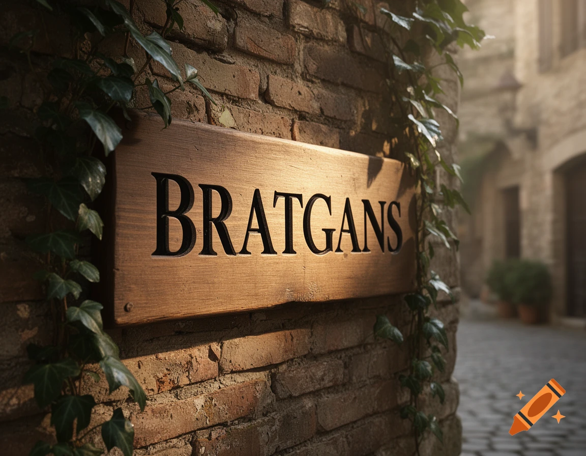 A wooden sign with 'BRATGANS' carved in black letters on an old brick wall, draped with ivy. A blurred old-world street is in the background.