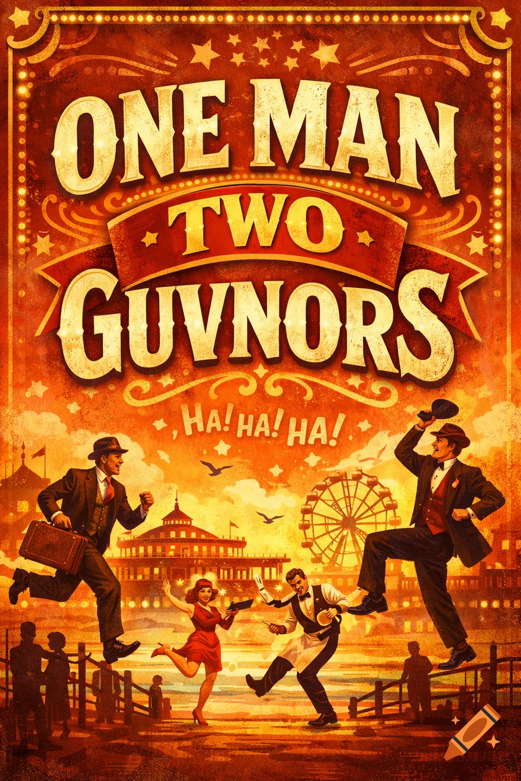 Vintage-style poster for 'One Man, Two Guvnors' with three characters in period attire running and dancing against an amusement park and pier backdrop.