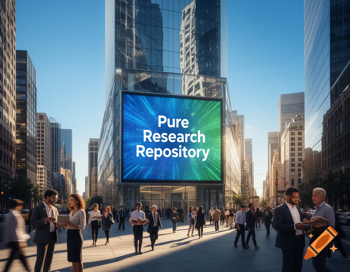 Bustling city street with a large digital billboard on a skyscraper displaying "Pure Research Repository" above pedestrians.