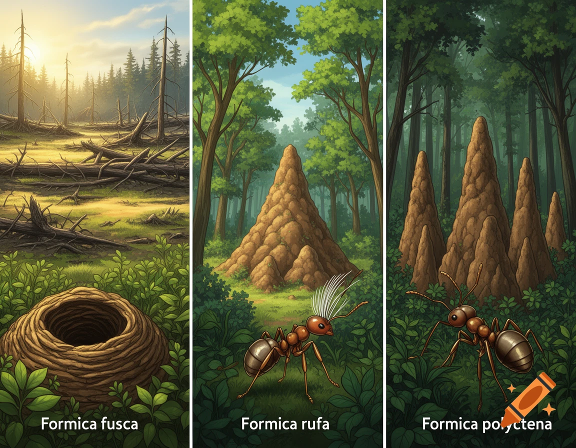 Three illustrated panels showing ecological succession with ants. From ...