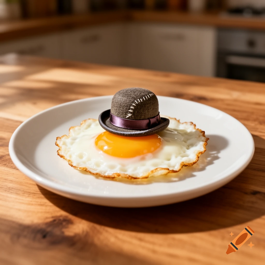A photorealistic fried egg wearing a small gray hat with a purple ribbon, sitting on a white plate on a wooden kitchen counter.