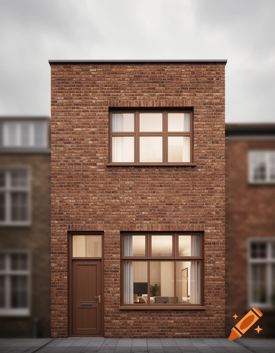 A narrow, two-story brick house with a dark brown door on the ground floor and wide windows, against a blurry background.
