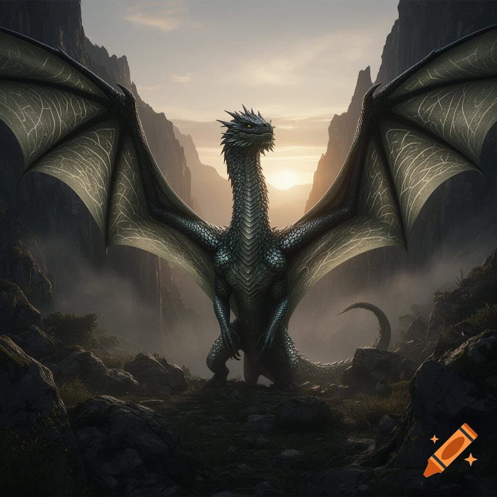 A dark green dragon with large, textured wings stands majestically in a rocky mountain valley during sunset, shrouded in mist.
