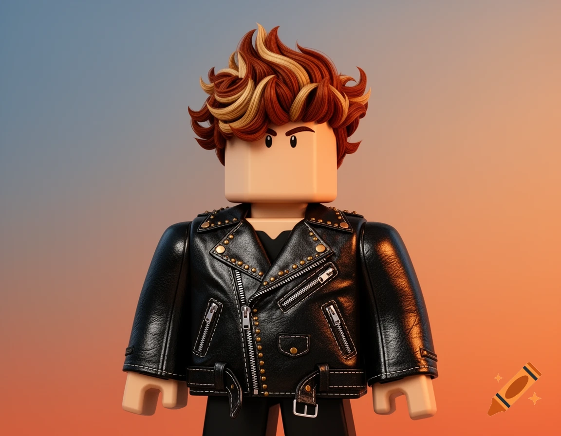 A 3D render of a Roblox character with spiky brown and blonde hair wearing a black studded leather motorcycle jacket.