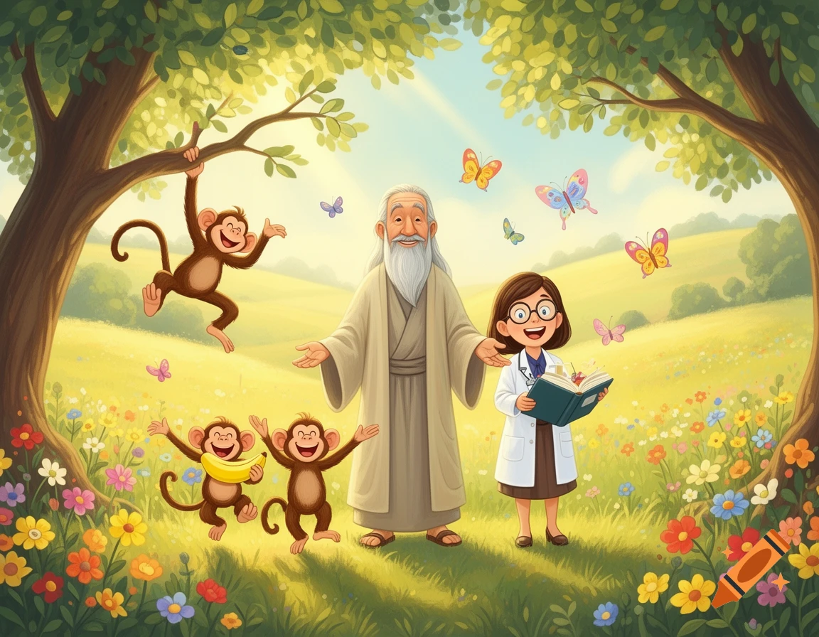 A whimsical storybook illustration features a sage, a young scientist, and three playful monkeys surrounded by lush trees, colorful flowers, and butterflies in a sunny meadow.