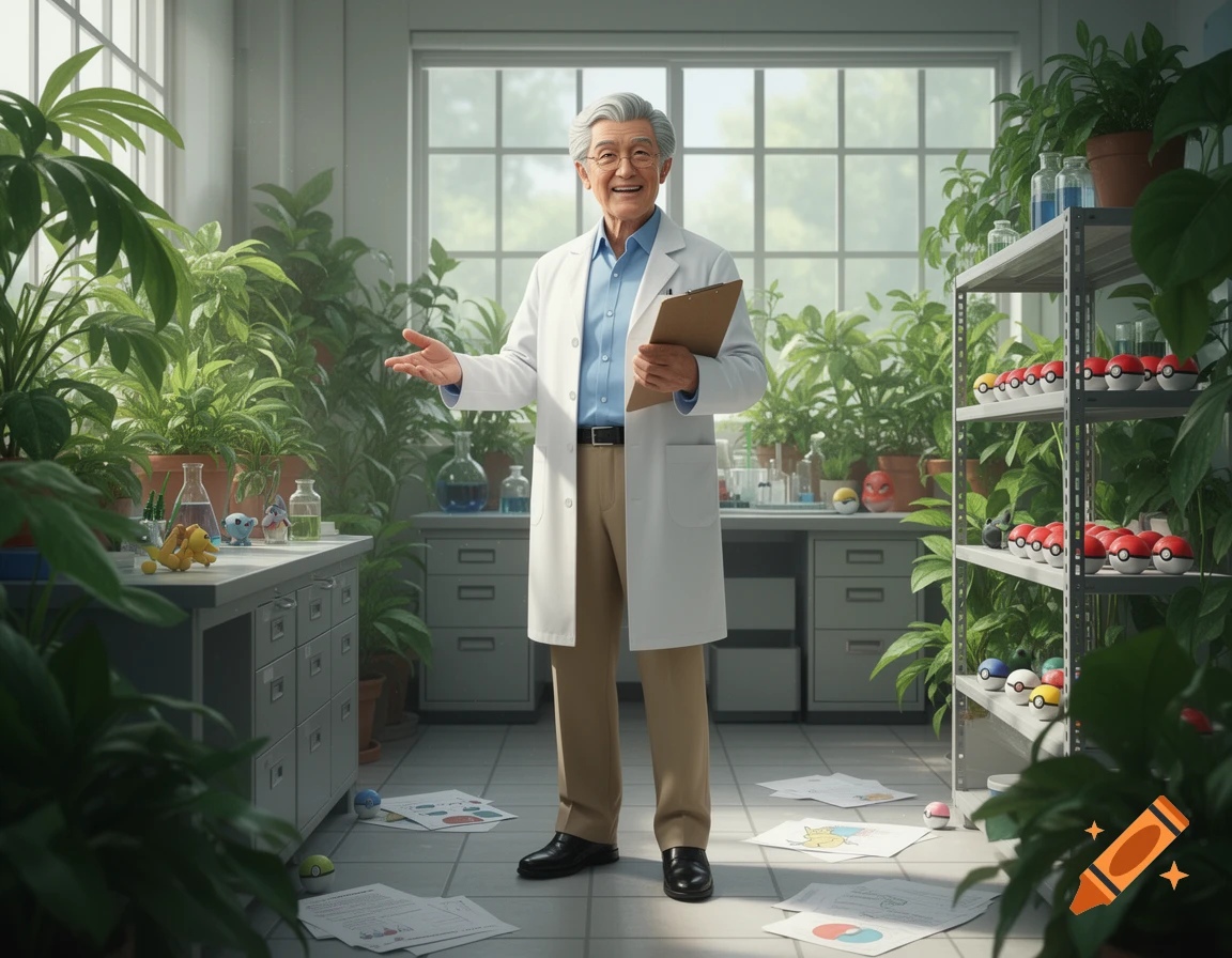 A photorealistic image of Professor Oak, an elderly man in a lab coat, standing in a plant-filled laboratory with Pokeballs.