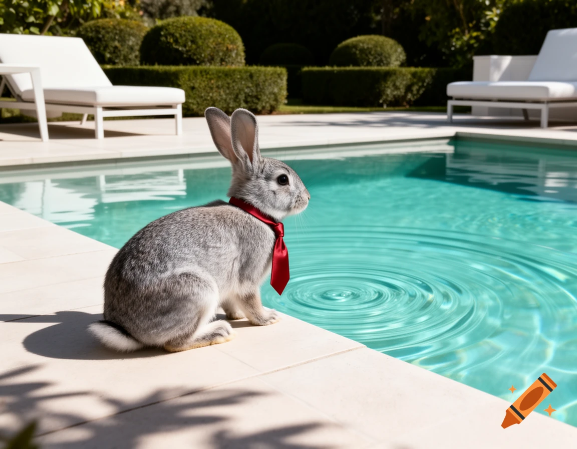 A photorealistic grey rabbit wearing a red tie sits at the edge of a bright blue swimming pool, looking at ripples in the water.