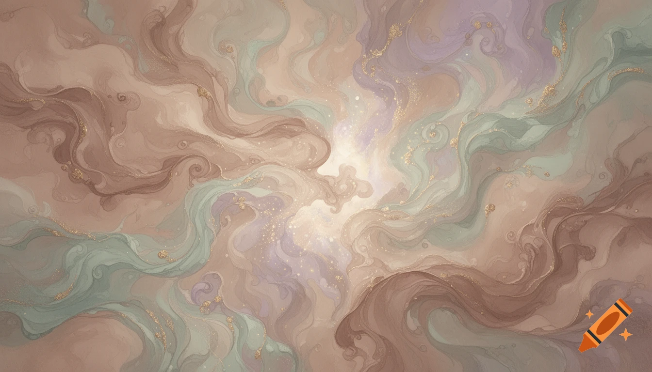 Abstract fluid art wallpaper with swirling patterns in tan, dusty rose, light green, and purple, accented with gold glitter.