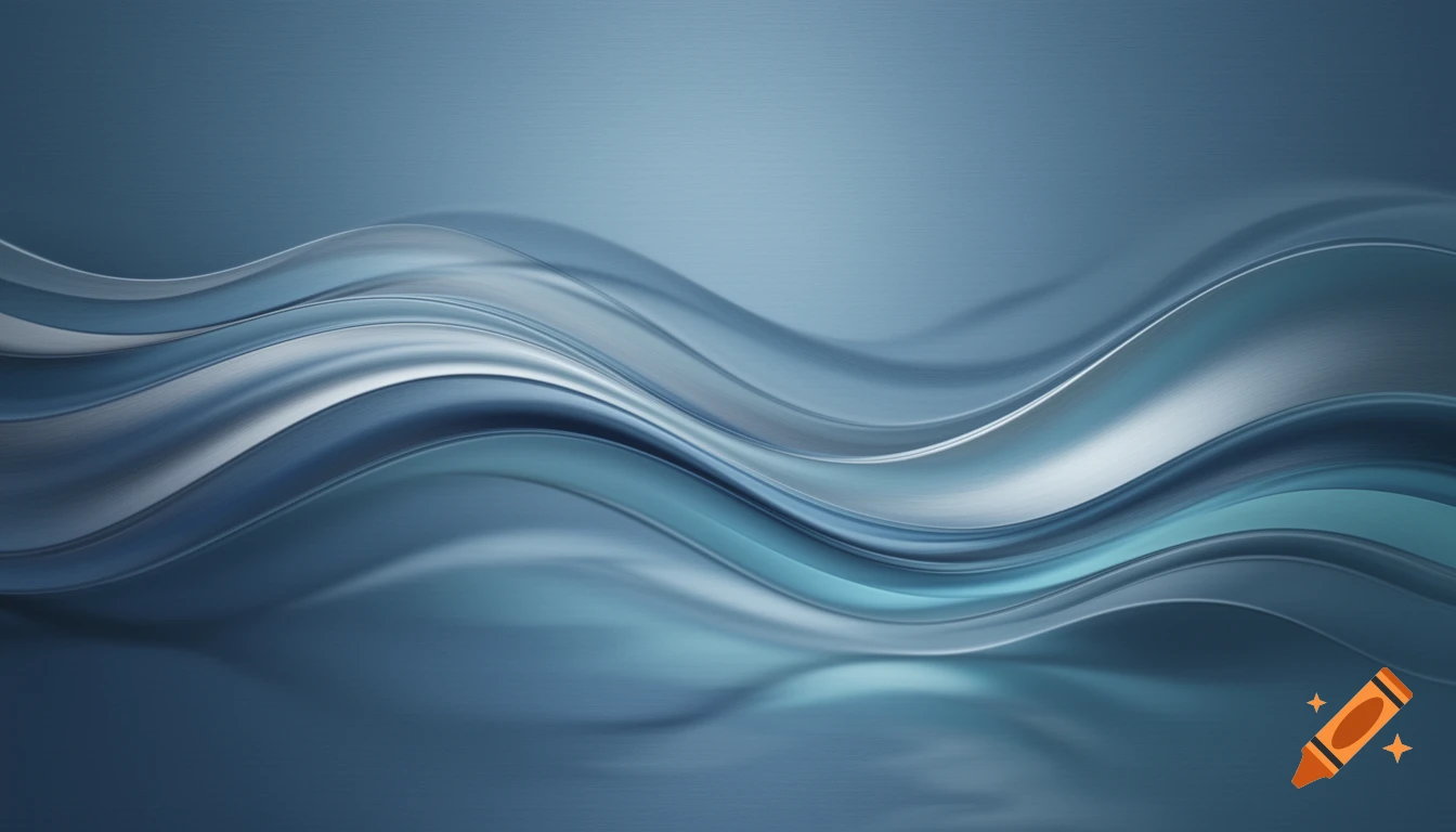 Abstract metallic blue and silver waves ripple across a textured background.