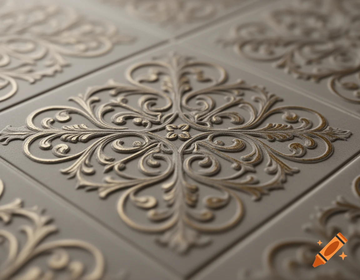 Close-up of a gray tiled surface with intricate gold and silver filigree patterns.