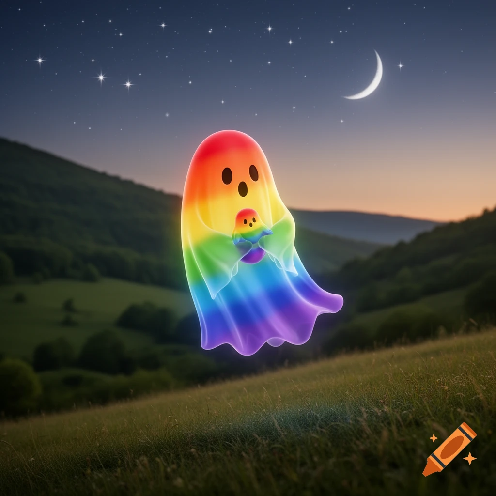 A cute rainbow ghost floats in a grassy field at dusk, holding a tiny baby rainbow ghost, under a starry sky with a crescent moon.