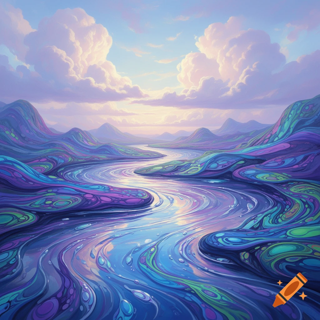 A vibrant psychedelic landscape features a winding blue river through purple and green swirled hills under a light-filled cloudy sky.