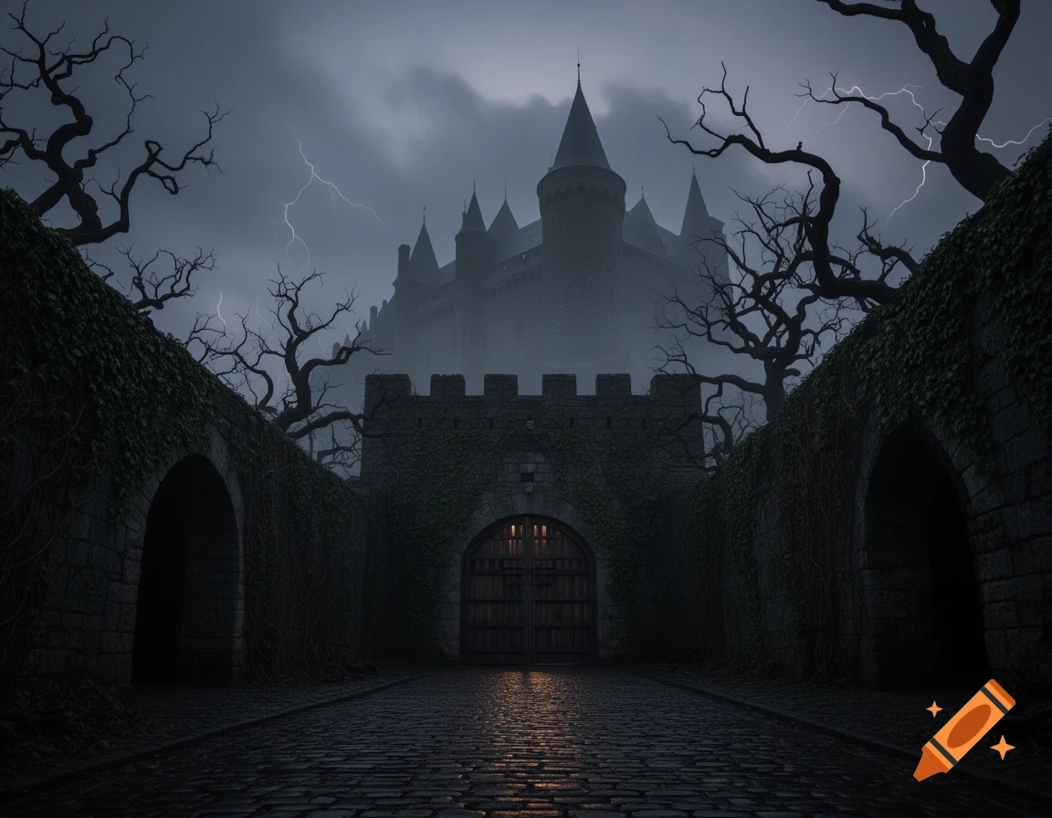 A dark, eerie gothic castle looms under a stormy, lightning-filled sky ...