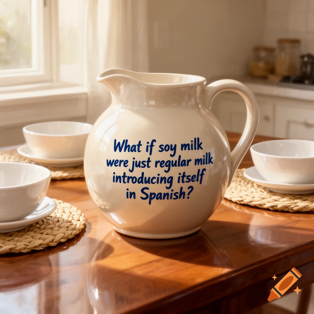 A cream-colored milk jug with text on a wooden table in a bright kitchen, with bowls and placemats.