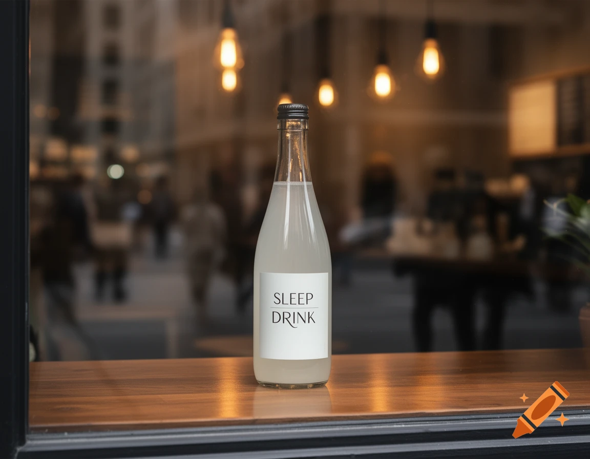 Photorealistic image of a bottle labeled 'SLEEP DRINK' on a wooden counter with a blurred city street in the background.