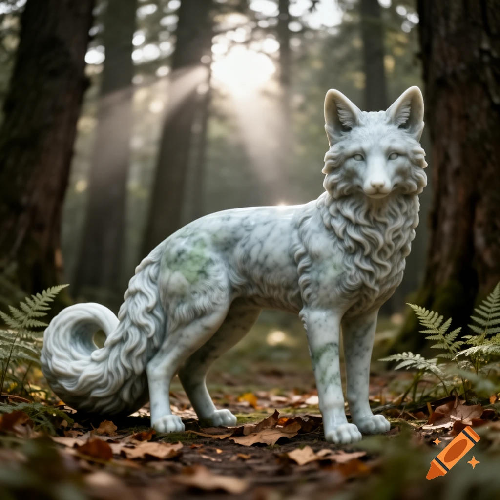 A photorealistic image of an ornate, ancient white marble fox statue with green veining standing in a sunlit forest with fallen leaves.