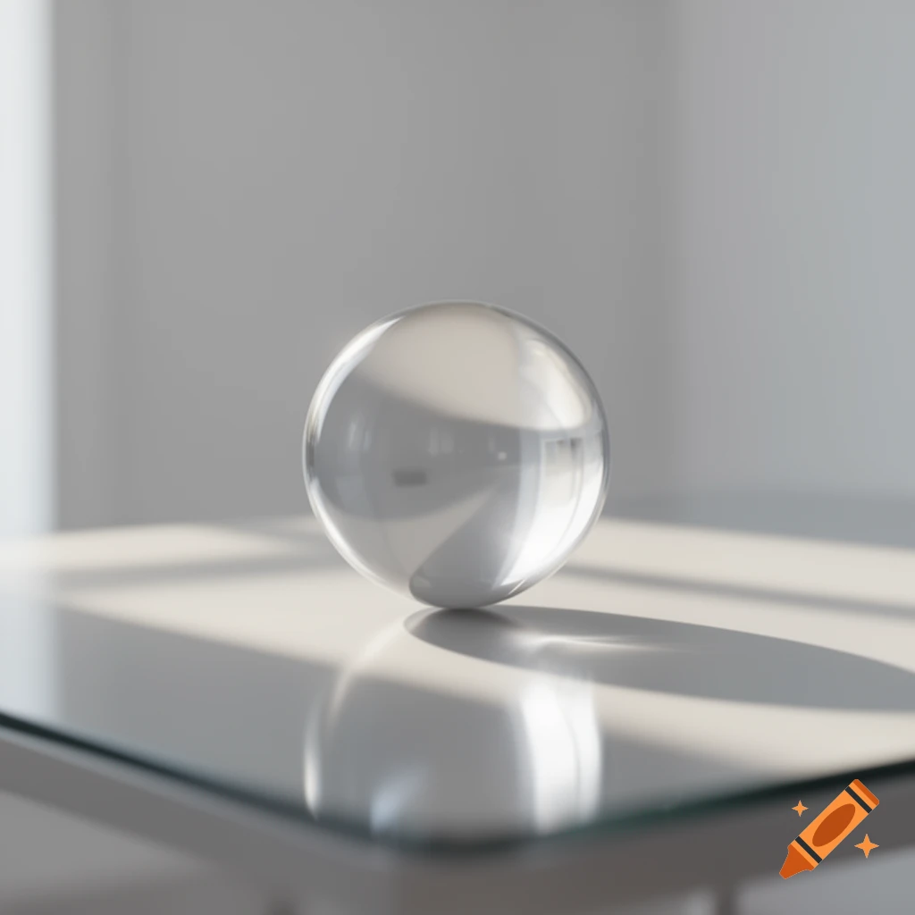 Photorealistic 3D render of a clear glass sphere on a white table in a minimalist room.