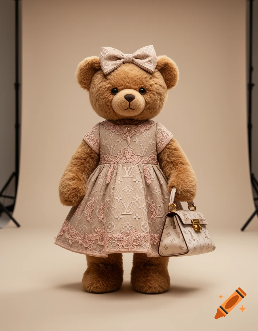 A fluffy brown teddy bear wearing a beige and pink Louis Vuitton-inspired dress, bow, and matching handbag stands in a studio.