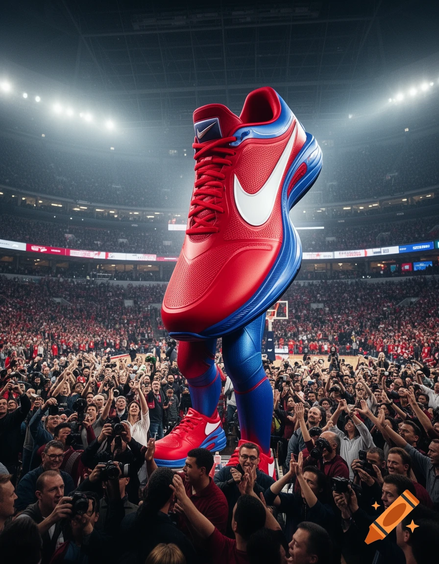 A giant, red and blue Nike shoe mascot with a white swoosh logo stands in a crowded sports arena, cheered by fans. The mascot has legs wearing blue and red pants and small red and blue shoes.