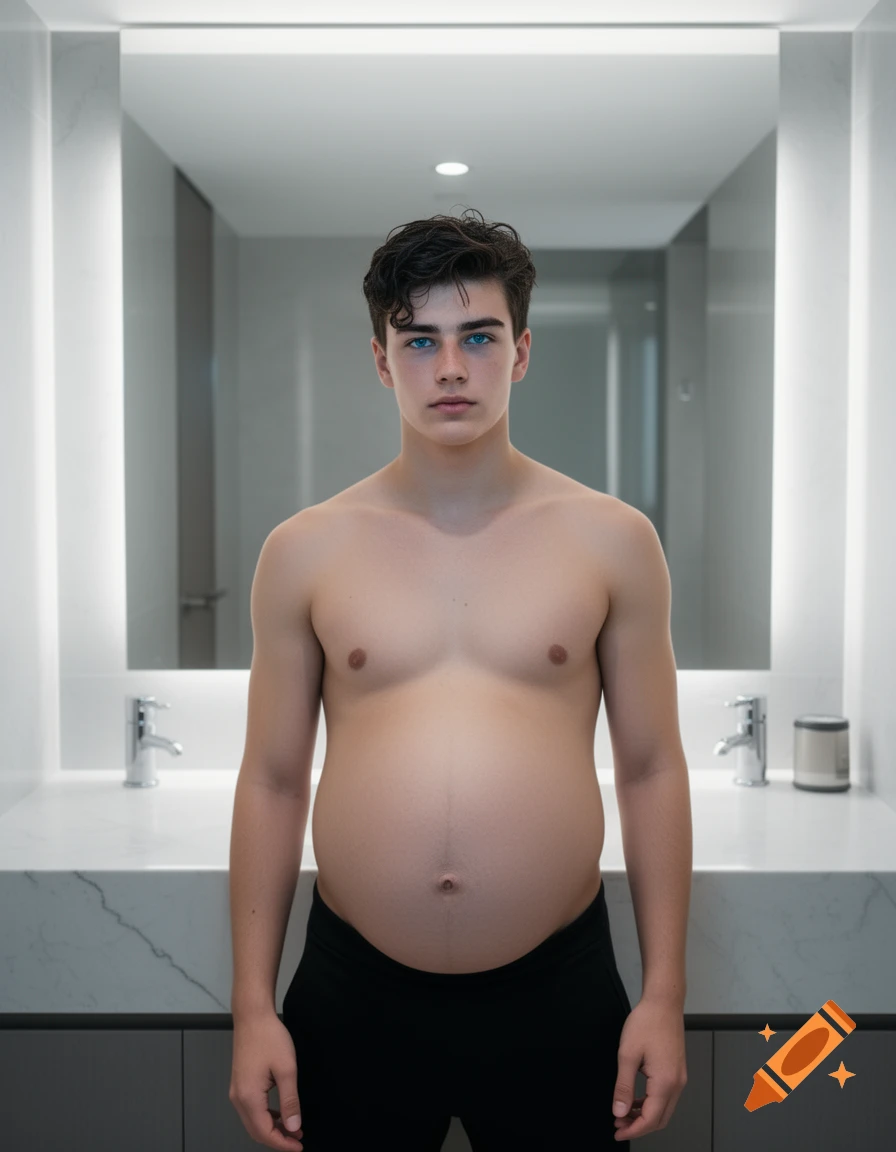 A young man with a large, pregnant-like belly stands in a modern bathroom, looking at the camera. Photorealistic.