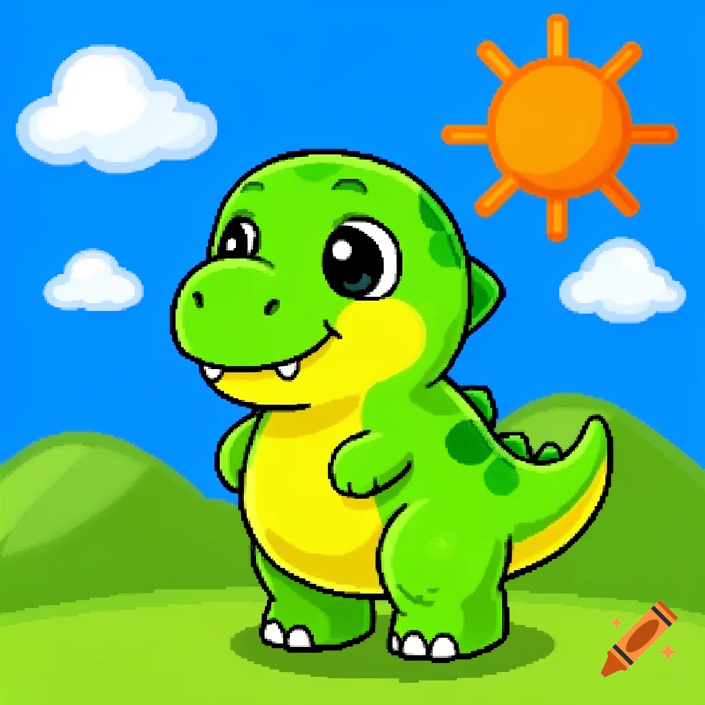 A cute green and yellow cartoon dinosaur with big eyes smiles in a bright green landscape under a blue sky with clouds and a sun.