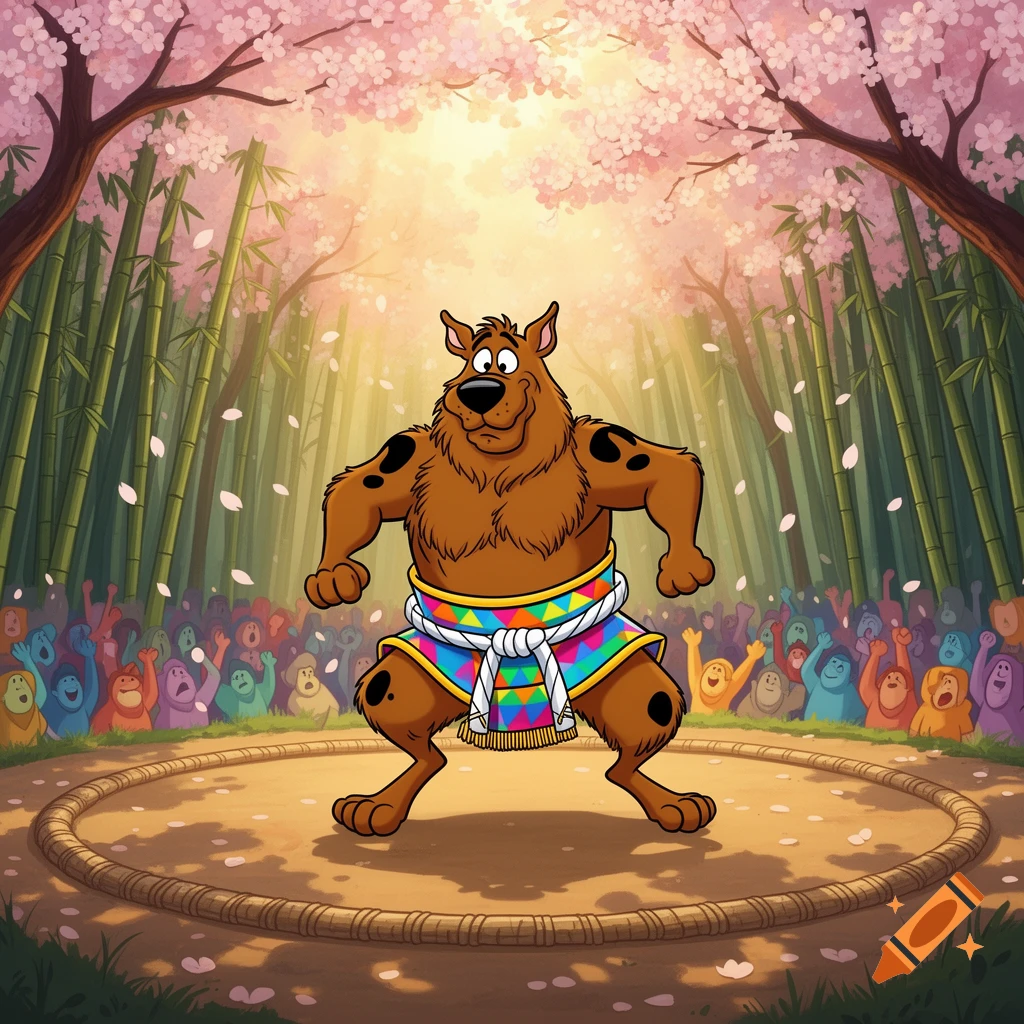 Cartoon Scooby-Doo as a sumo wrestler in a ring, surrounded by a crowd, under cherry blossom trees and bamboo.