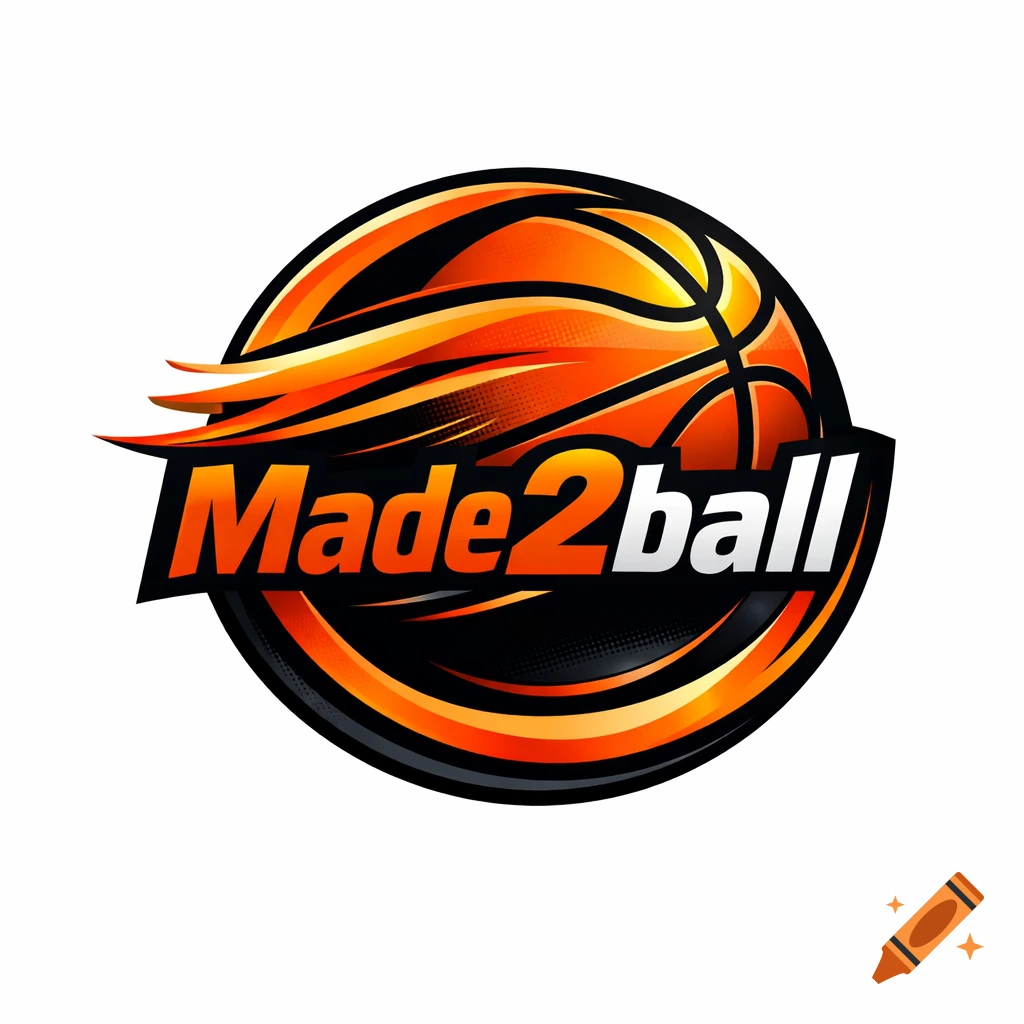 A vibrant orange and black logo featuring a stylized basketball with fiery wings and the text 'Made2ball'.