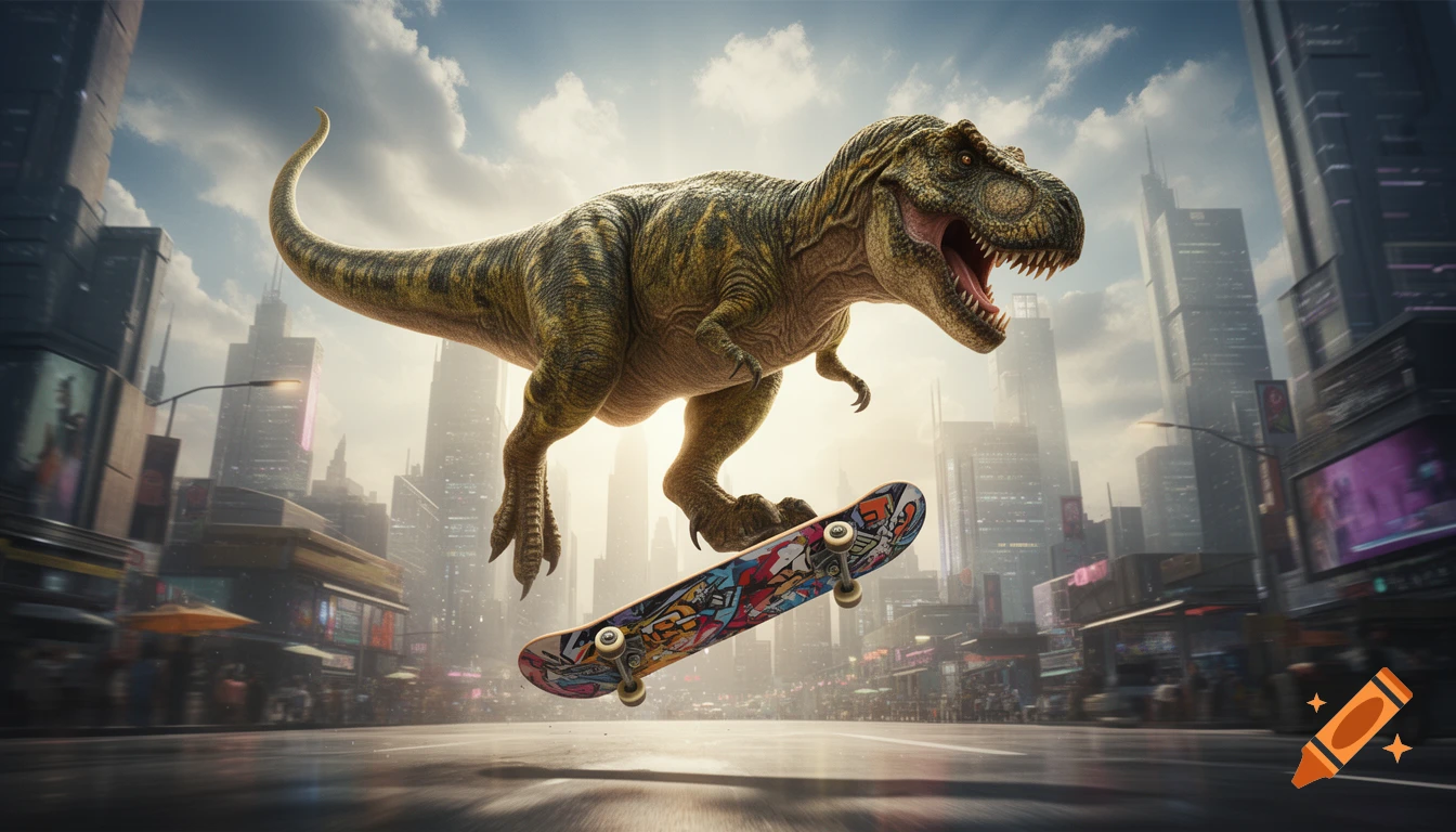 A large T-Rex jumps on a skateboard, performing a kickflip over an urban street with tall buildings under a cloudy sky, digital art.