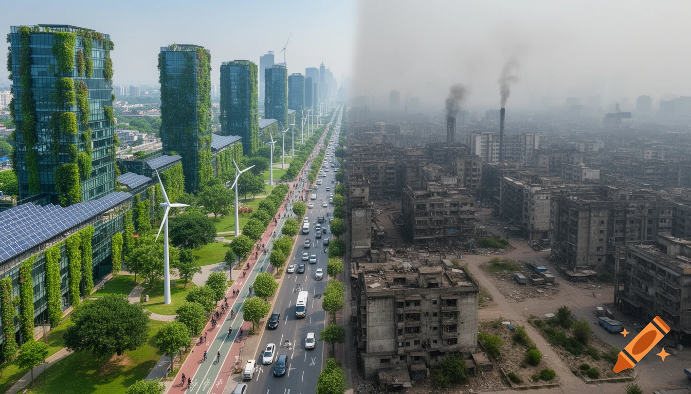 Photorealistic aerial view of a city split: green sustainable side with eco-friendly buildings and wind turbines, and a polluted, rundown industrial side.
