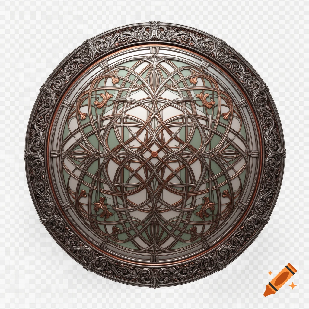 An ornate, round metallic clock face with intricate Celtic knot patterns in silver and bronze, set against a transparent background.