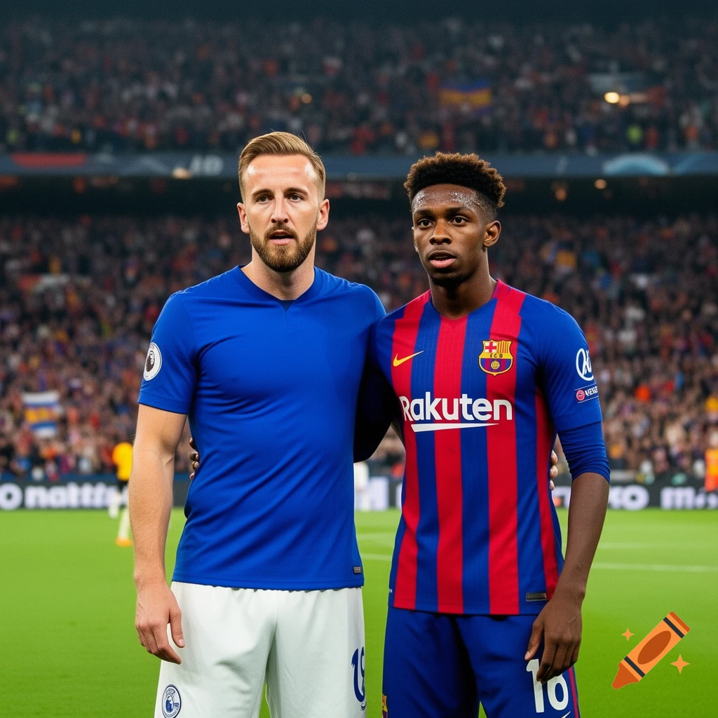 Harry Kane in a blue kit stands next to Ousmane Demb A9l A9 in a red and blue striped Barcelona kit on a soccer field.