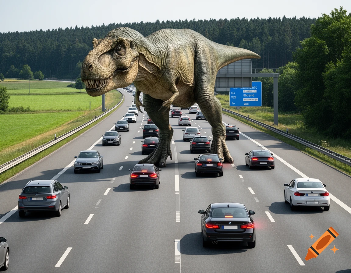 A giant dinosaur walks on a multi-lane German autobahn, surrounded by cars, with a forest in the background. Photorealistic style.