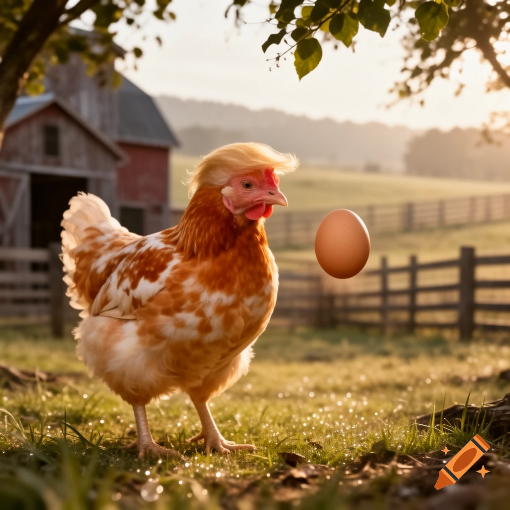 A photorealistic chicken with blonde toupee hair stands on a grassy farm, looking at a floating brown egg at sunrise.