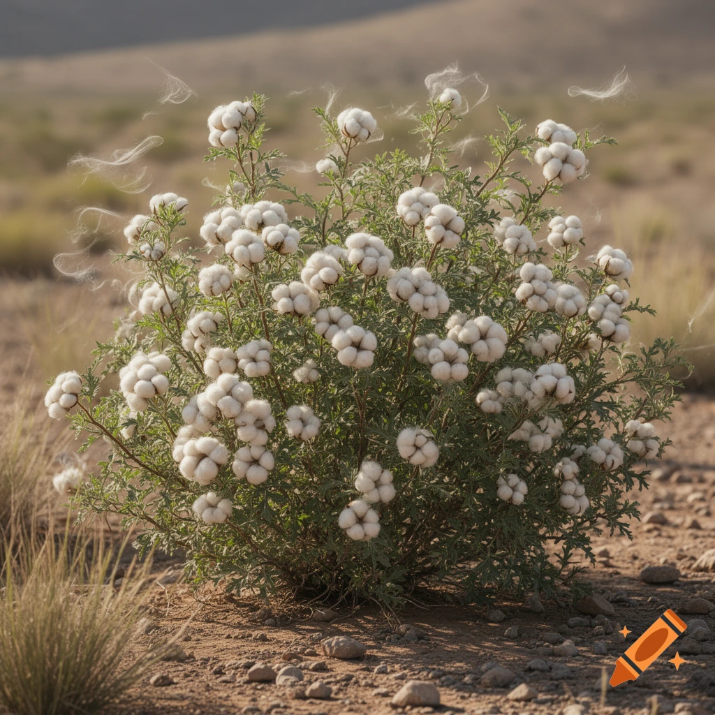 A photorealistic image of a dense cotton bush with white bolls and fibers floating in a dry, desert-like landscape.