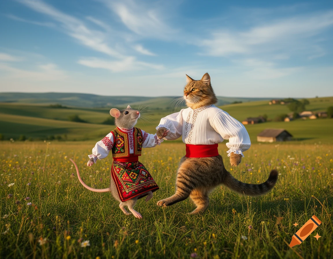 Photorealistic cat and mouse in traditional Romanian folk costumes dance in a sunny green field.