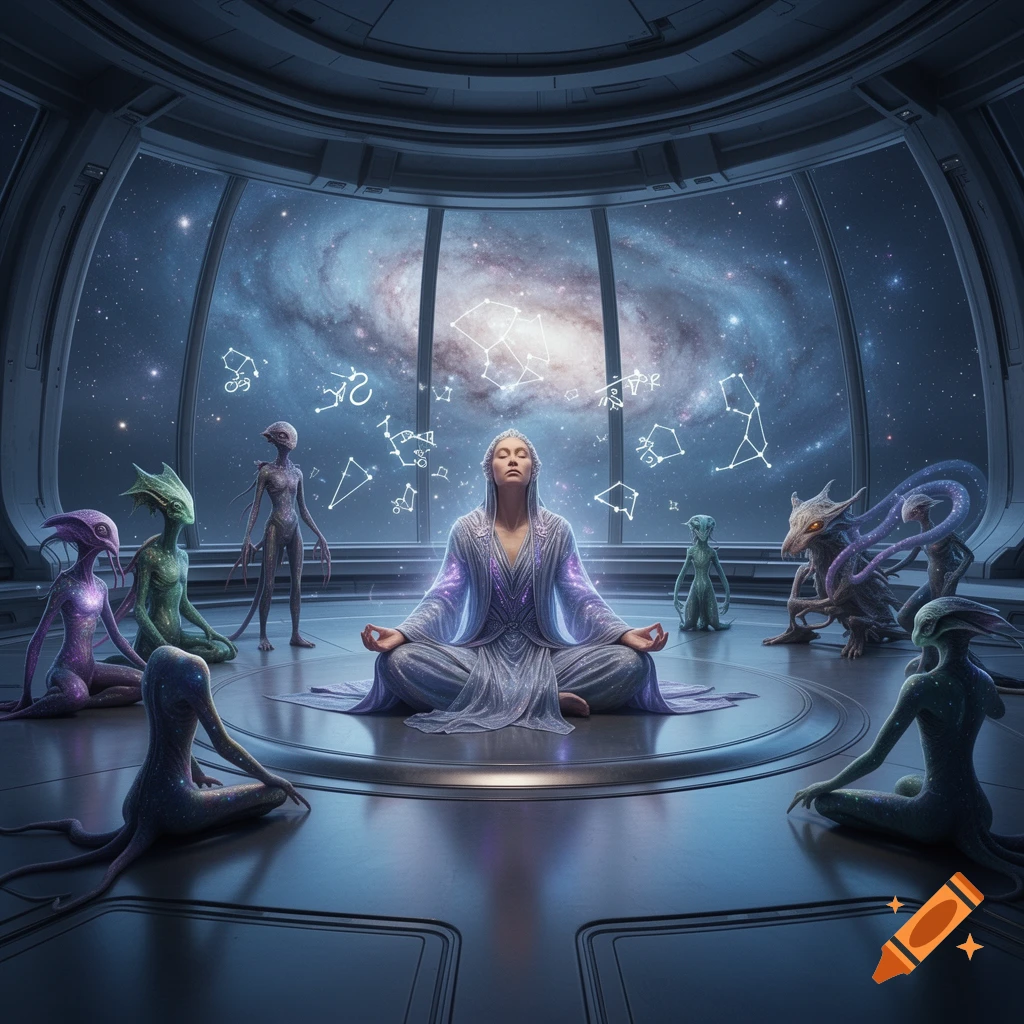 A space wizard meditates in a glass-domed spaceship, surrounded by various alien beings, gazing out at a galaxy with glowing constellations.