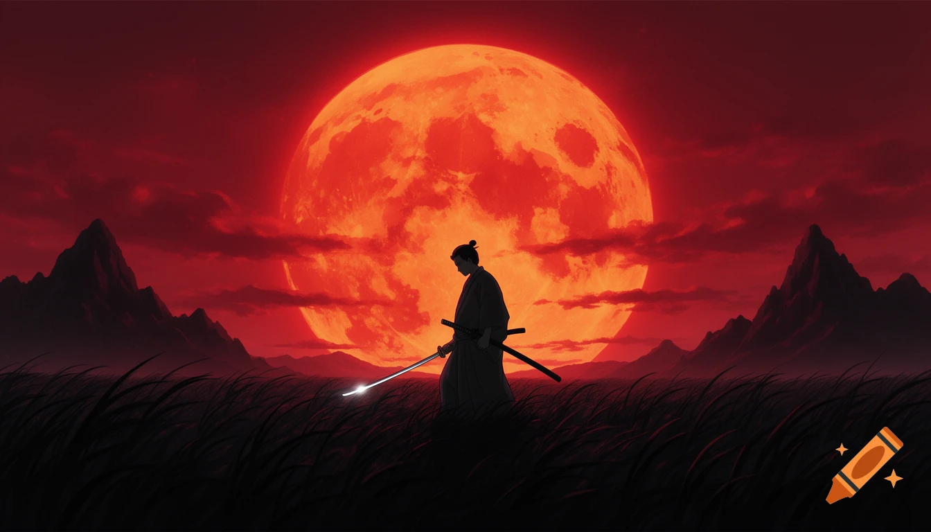 A lone samurai warrior silhouette stands in tall grass against a massive, glowing blood-red sun and dark mountains in a cinematic anime art style.
