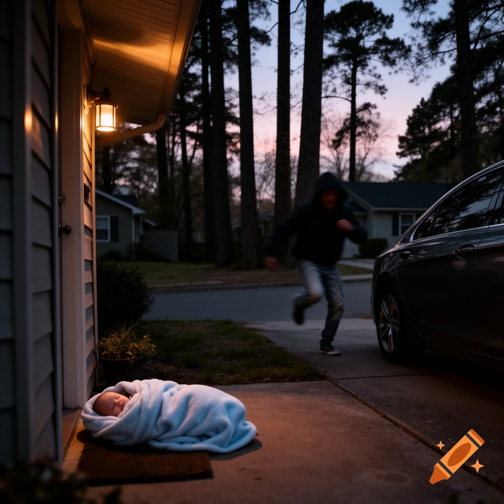 A baby wrapped in a blue blanket lies on a doorstep at night as a person in a hoodie runs away to a car in a suburban street, photorealistic.