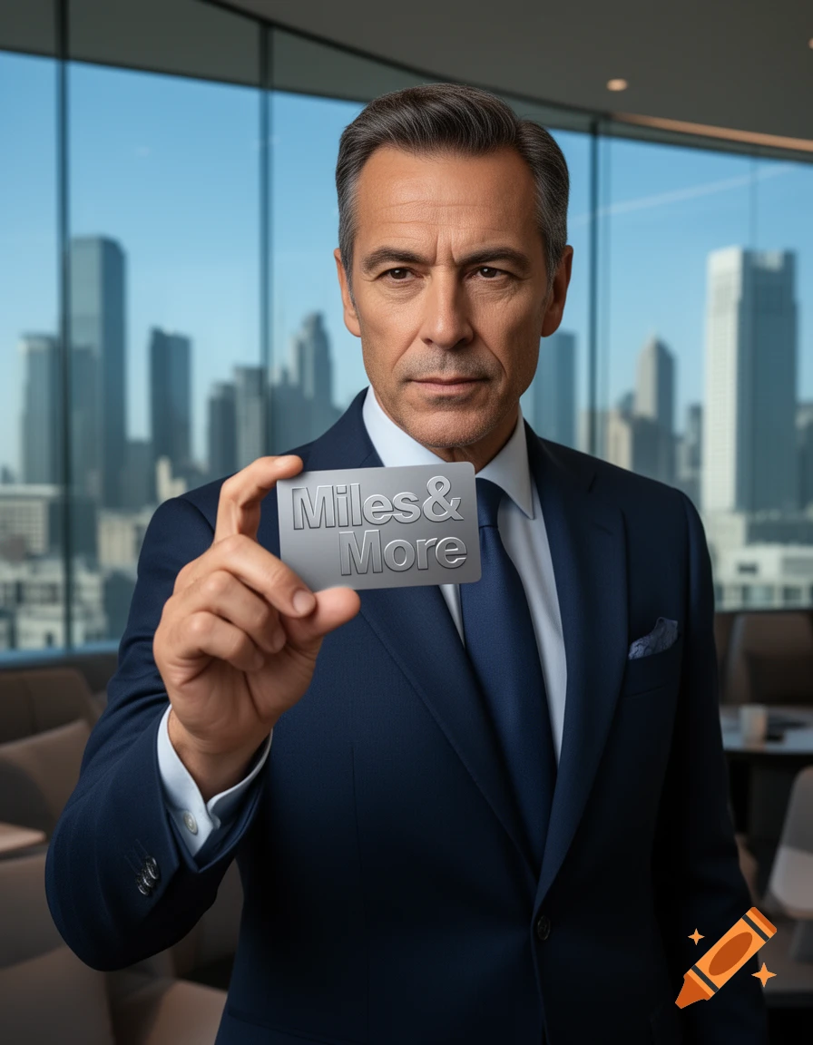 A serious businessman in a suit holds up a 'Miles & More' card in a modern office with city views, photorealistic.